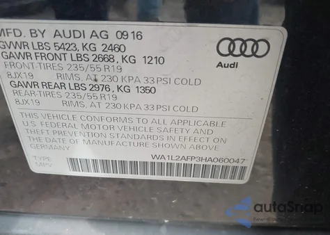2017 Audi Q5 2.0T Premium из США, поврежденный, VIN WA1L2AFP3HA060047
